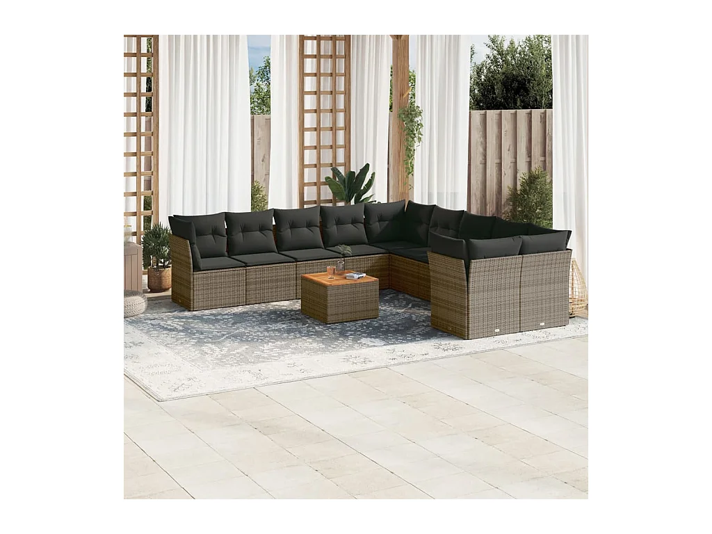 Salon de jardin 11 pcs avec coussins gris résine tressée