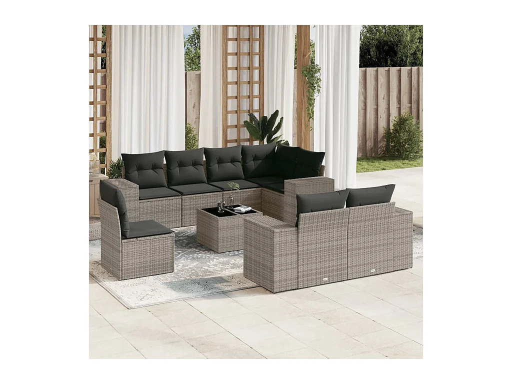Salon de jardin 9 pcs avec coussins gris résine tressée