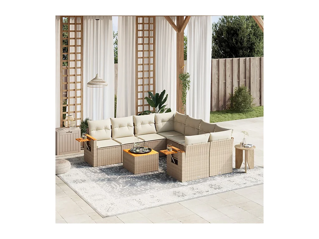 Salon de jardin avec coussins 9 pcs beige résine tressée