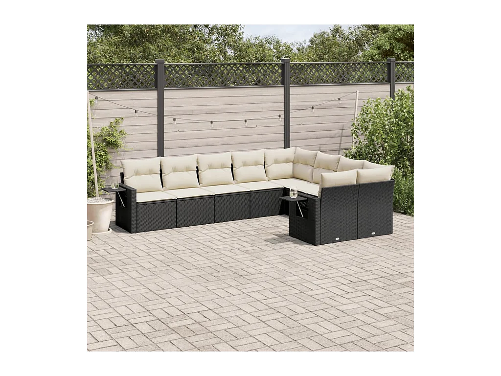 9-delige Loungeset met kussens poly rattan zwart