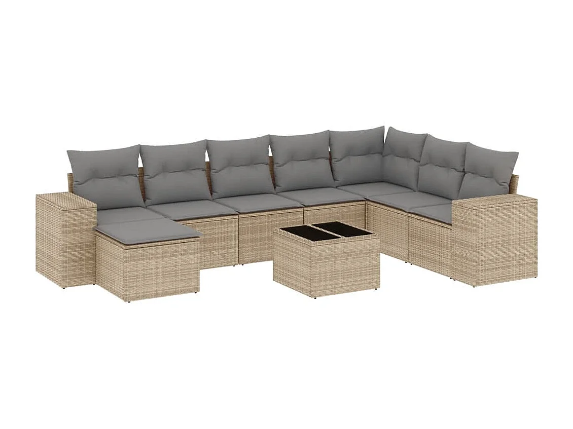 Set Divano da Giardino 9 pz con Cuscini Beige in Polyrattan