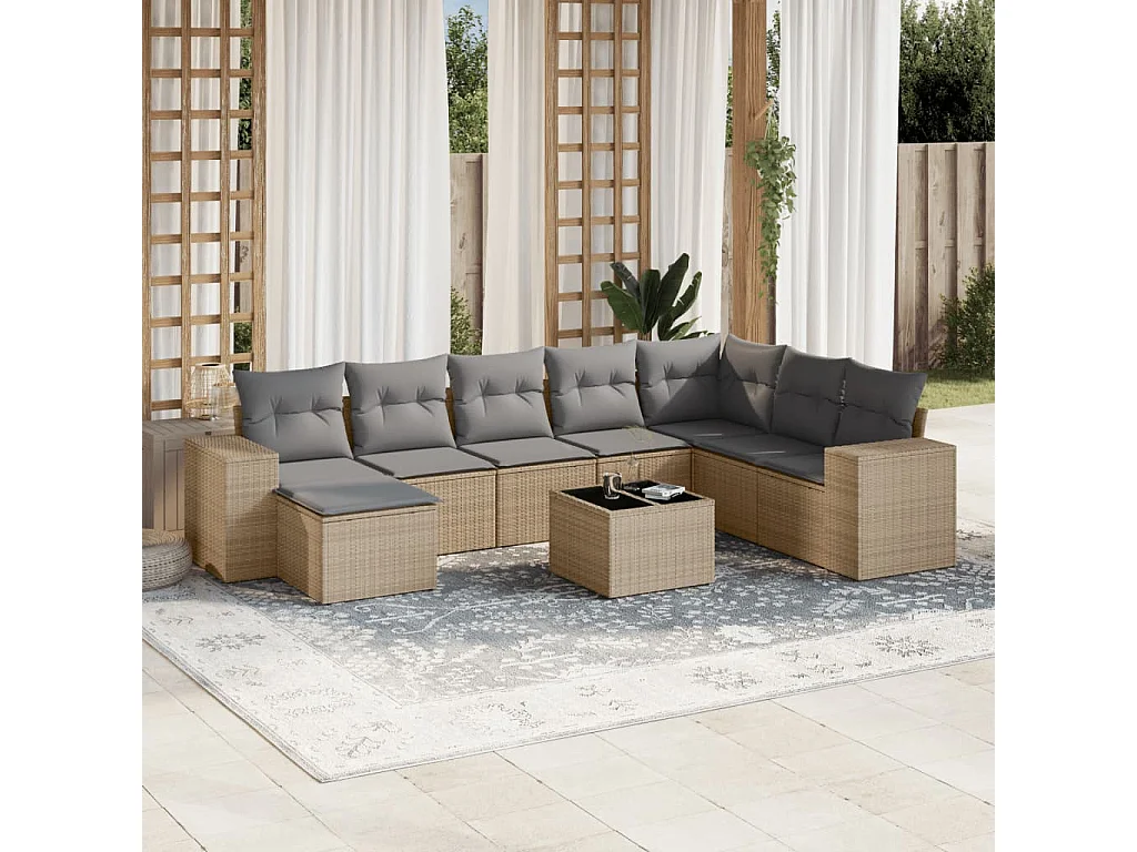 9-tlg. Garten-Sofagarnitur mit Kissen Beige Poly Rattan
