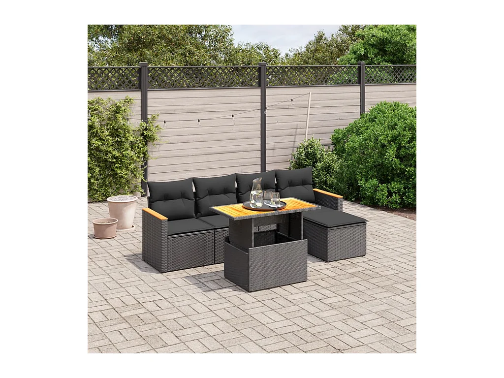 6-tlg. Garten-Sofagarnitur mit Kissen Schwarz Poly Rattan