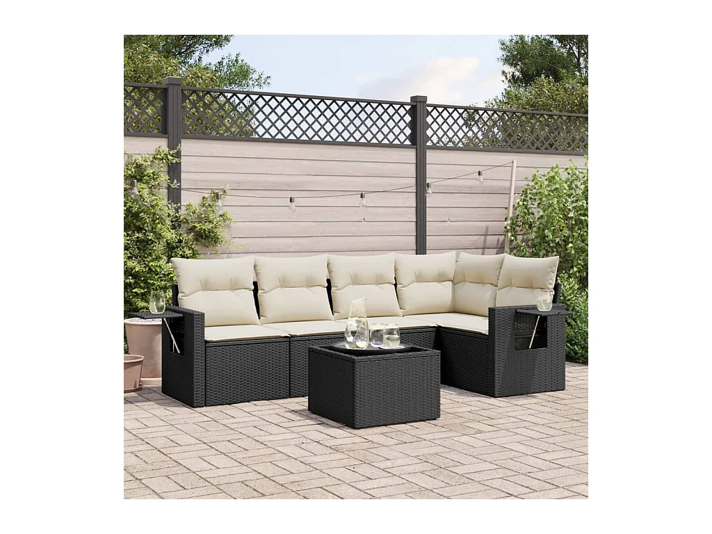 Salon de jardin 6 pcs avec coussins noir résine tressée