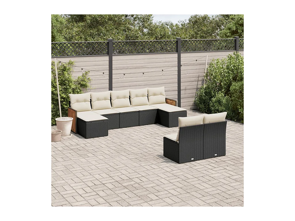 Set Divani da Giardino 9 pz con Cuscini Nero in Polyrattan