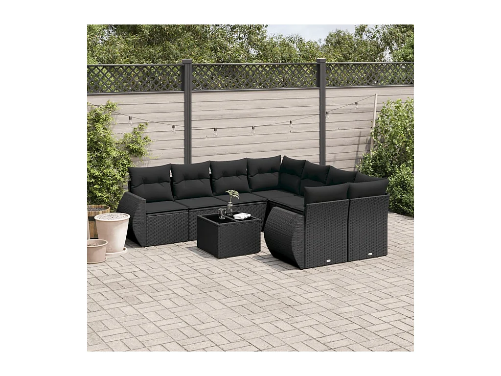 Salon de jardin 9 pcs avec coussins noir résine tressée