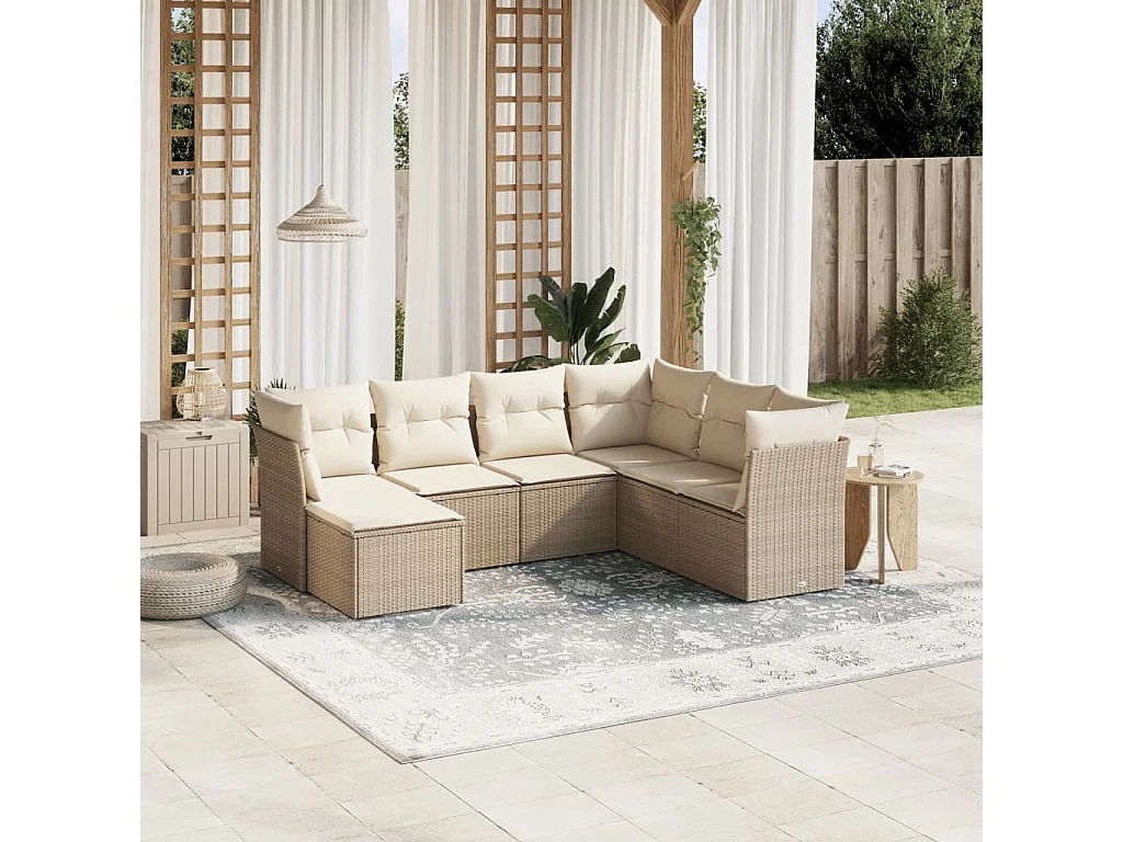 7-tlg. Garten-Sofagarnitur mit Kissen Beige Poly Rattan