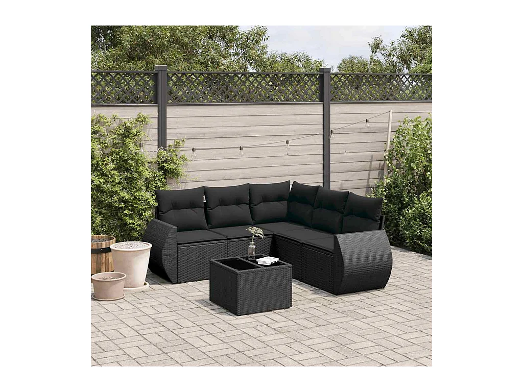 6-delige Loungeset met kussens poly rattan zwart