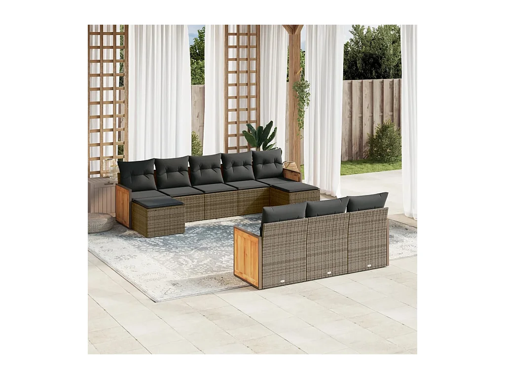 10-tlg. Garten-Sofagarnitur mit Kissen Grau Poly Rattan