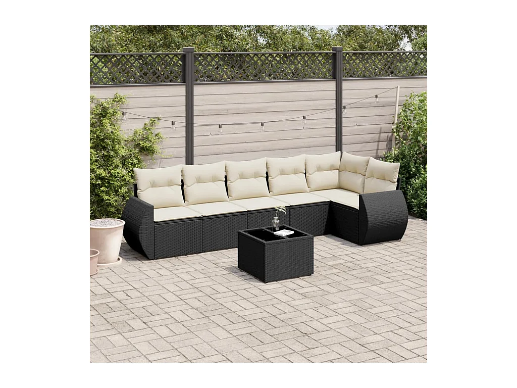 7-tlg. Garten-Sofagarnitur mit Kissen Schwarz Poly Rattan