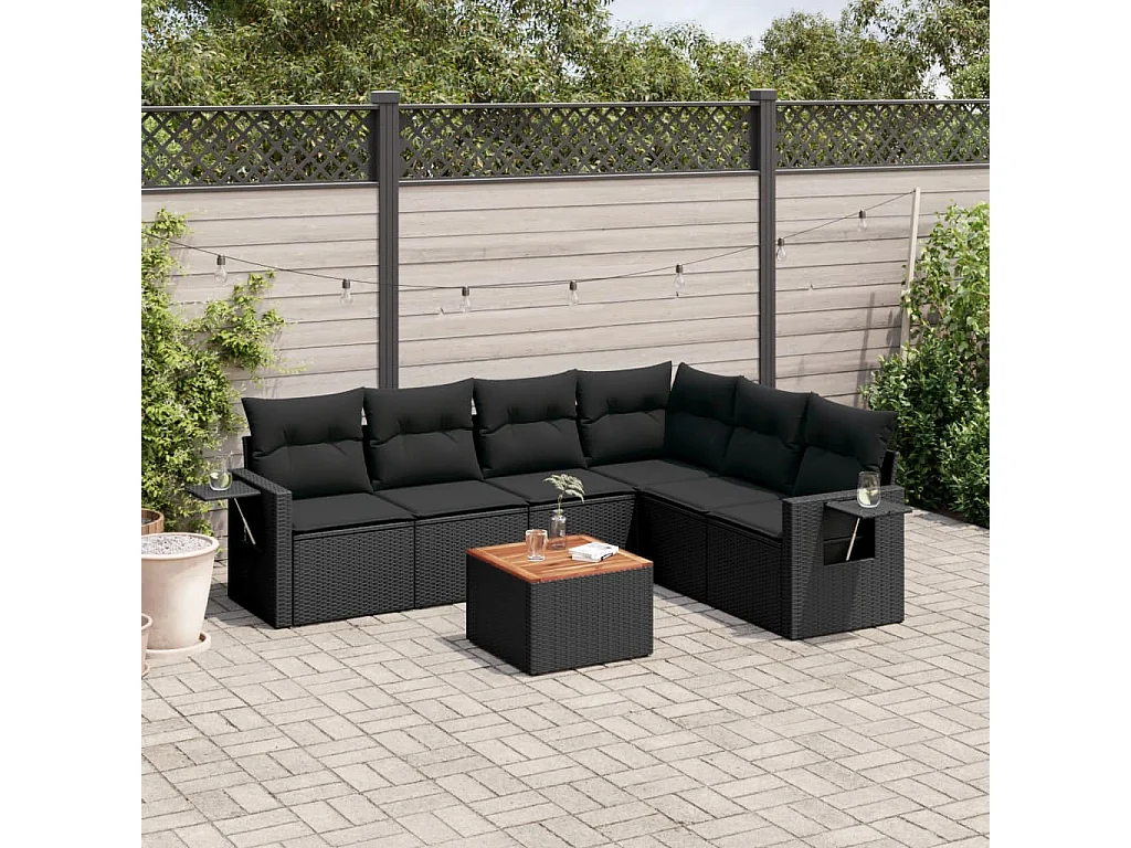 Salon de jardin 7 pcs avec coussins noir résine tressée