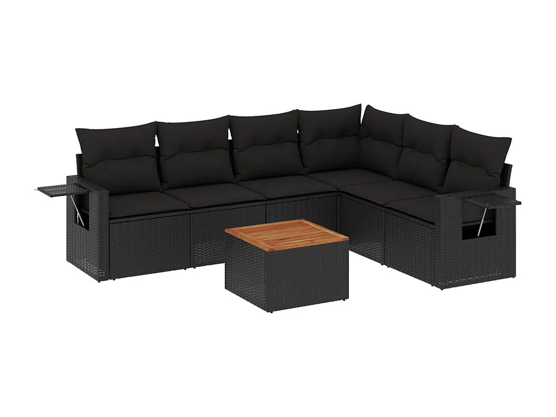 Salon de jardin 7 pcs avec coussins noir résine tressée
