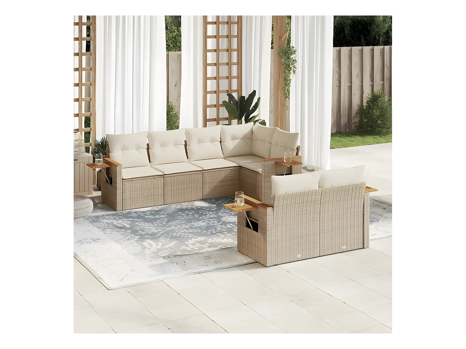 Salon de jardin avec coussins 7 pcs beige résine tressée