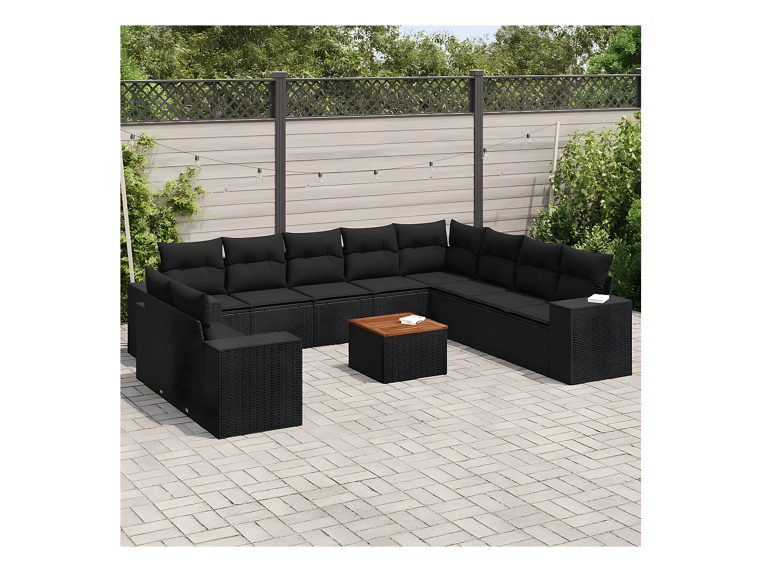 Salon de jardin 11 pcs avec coussins noir résine tressée