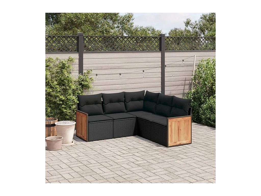 Salon de jardin 5 pcs avec coussins noir résine tressée