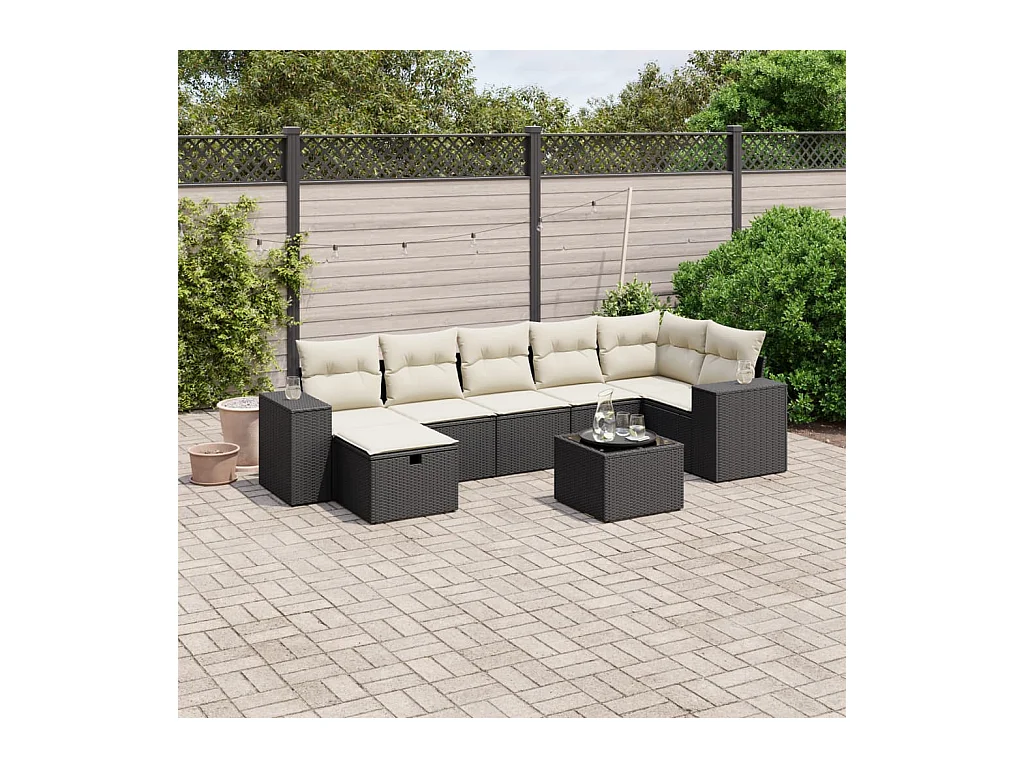 8-delige Loungeset met kussens poly rattan zwart