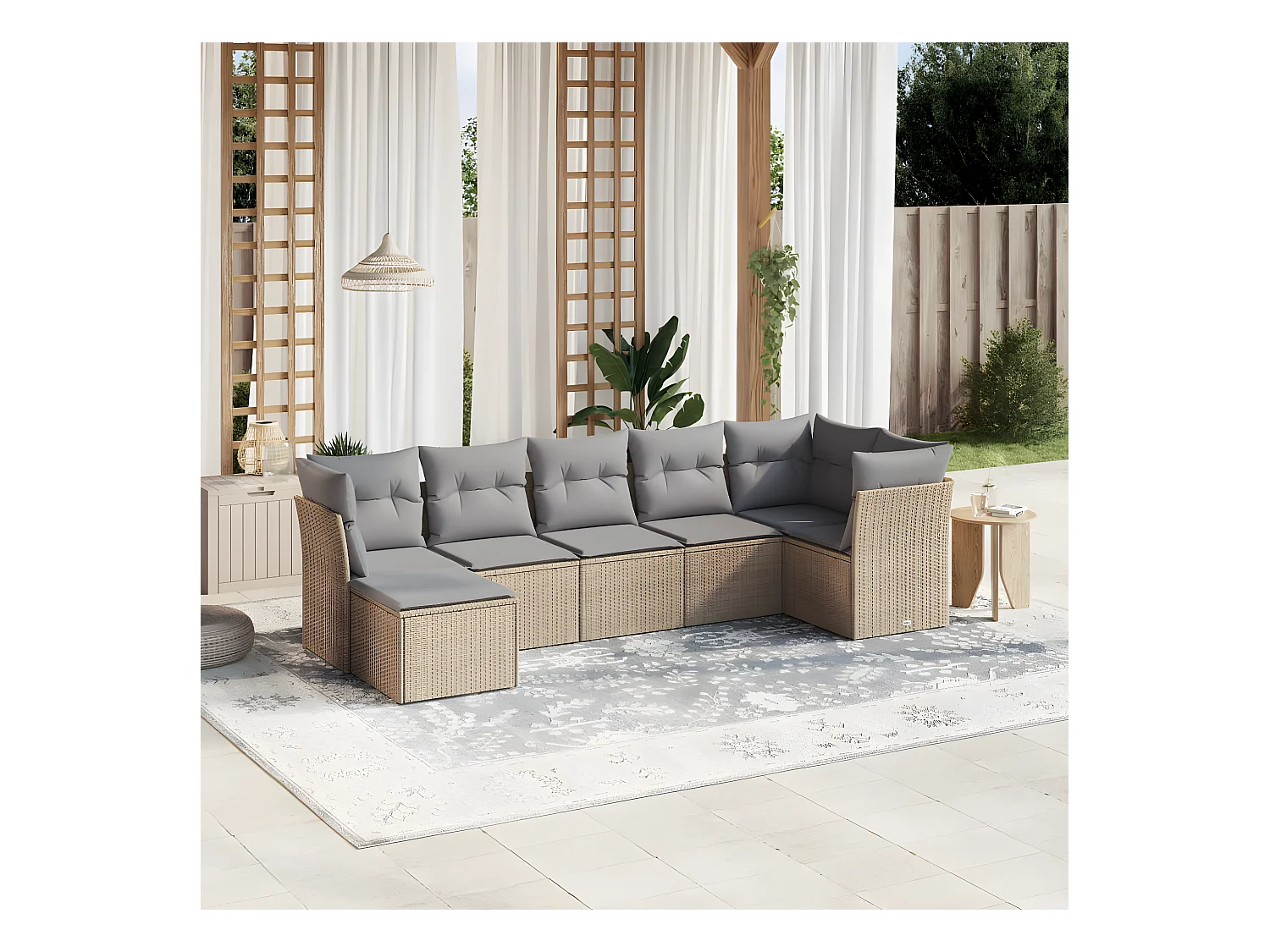7 pcs conj. sofás jardim c/ almofadões vime PE bege misturado