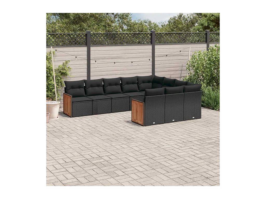 Salon de jardin 10 pcs avec coussins noir résine tressée