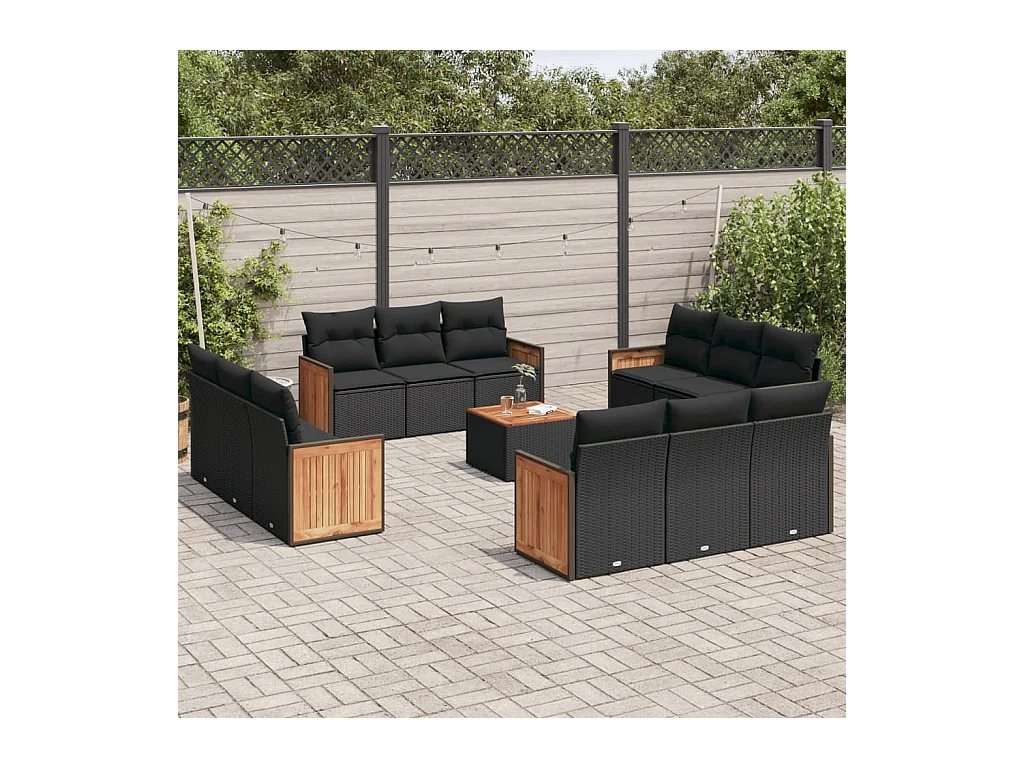 13-delige Loungeset met kussens poly rattan zwart