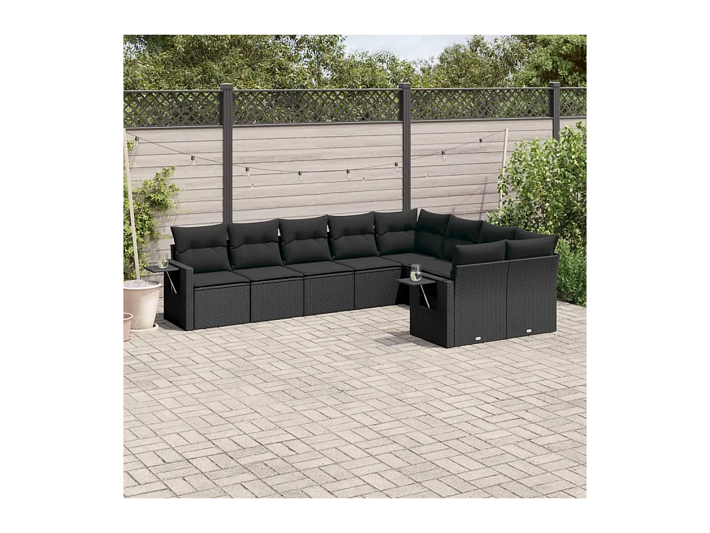 Salon de jardin 9 pcs avec coussins noir résine tressée
