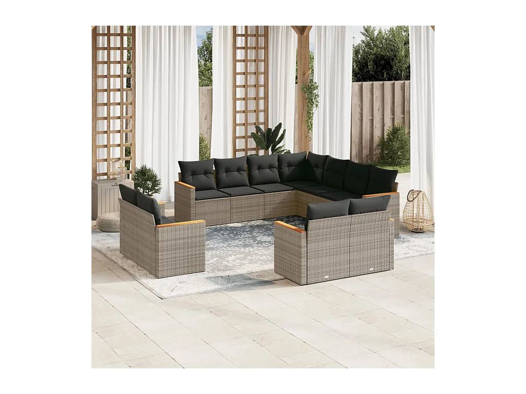 Salon de jardin 11 pcs avec coussins gris résine tressée