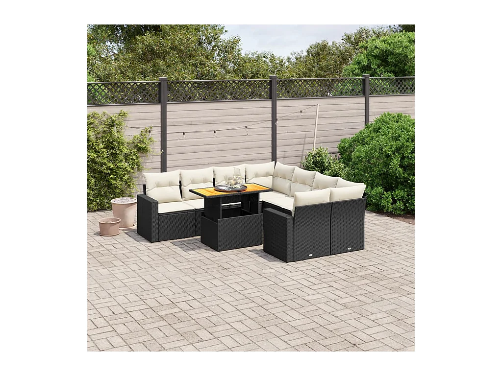 Set Divani da Giardino 9 pz con Cuscini Nero in Polyrattan