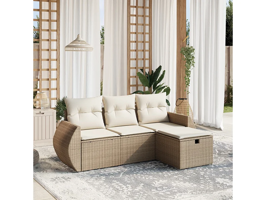 Set Divano da Giardino 4 pz con Cuscini Beige in Polyrattan