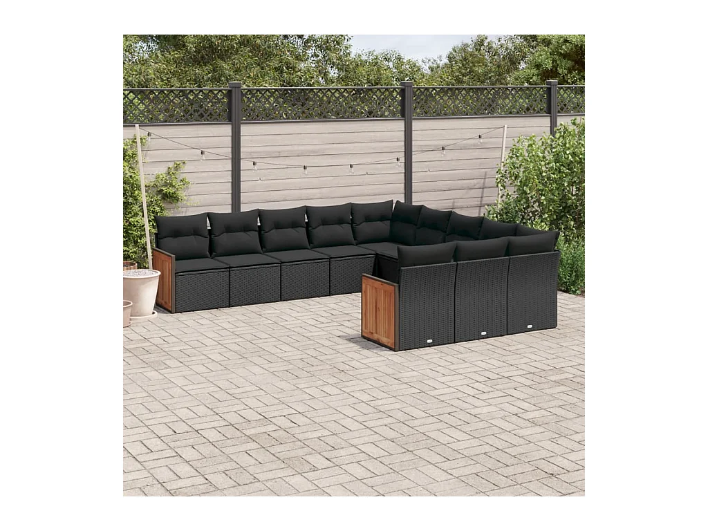 Salon de jardin 11 pcs avec coussins noir résine tressée