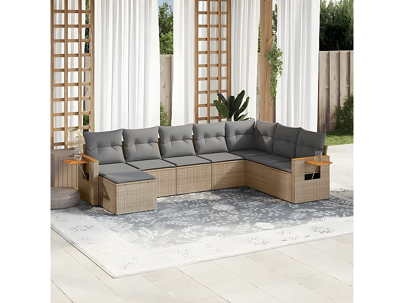 Set Divano da Giardino 8 pz con Cuscini Beige in Polyrattan