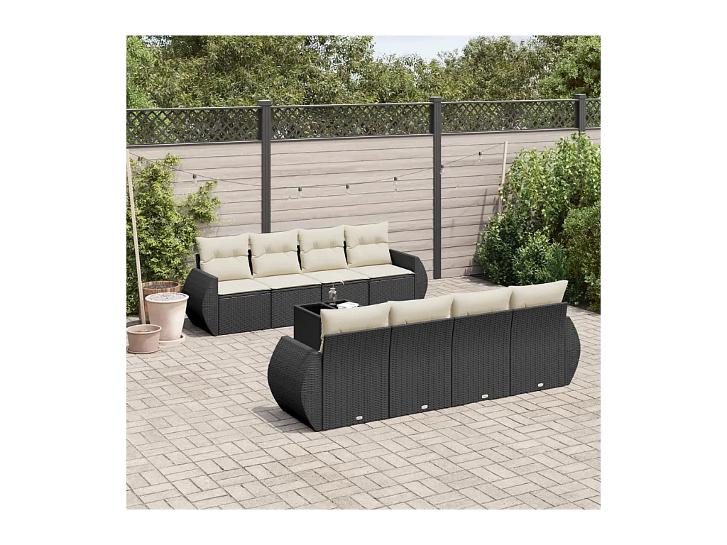 Salon de jardin 9 pcs avec coussins noir résine tressée