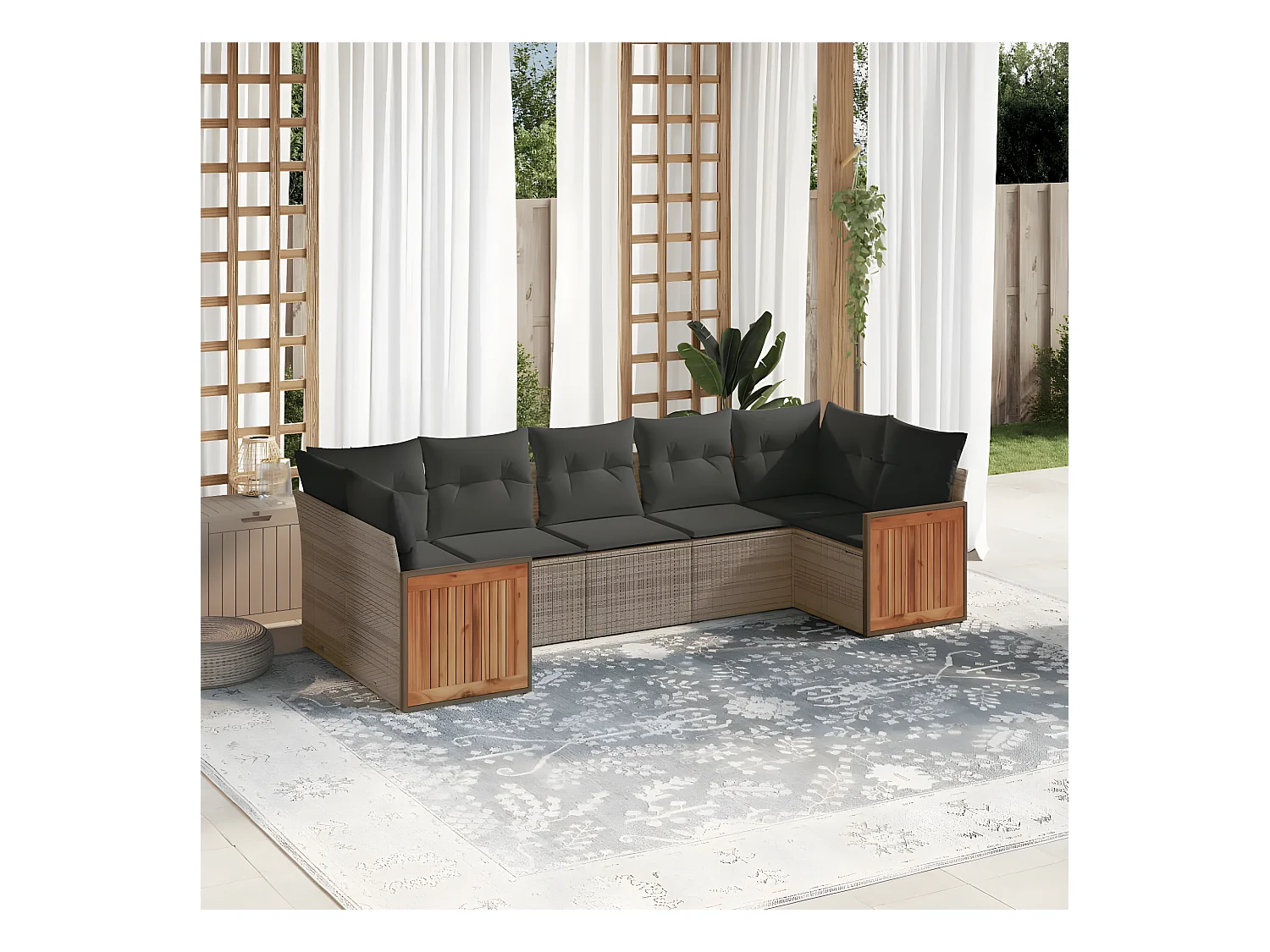 7-tlg. Garten-Sofagarnitur mit Kissen Grau Poly Rattan