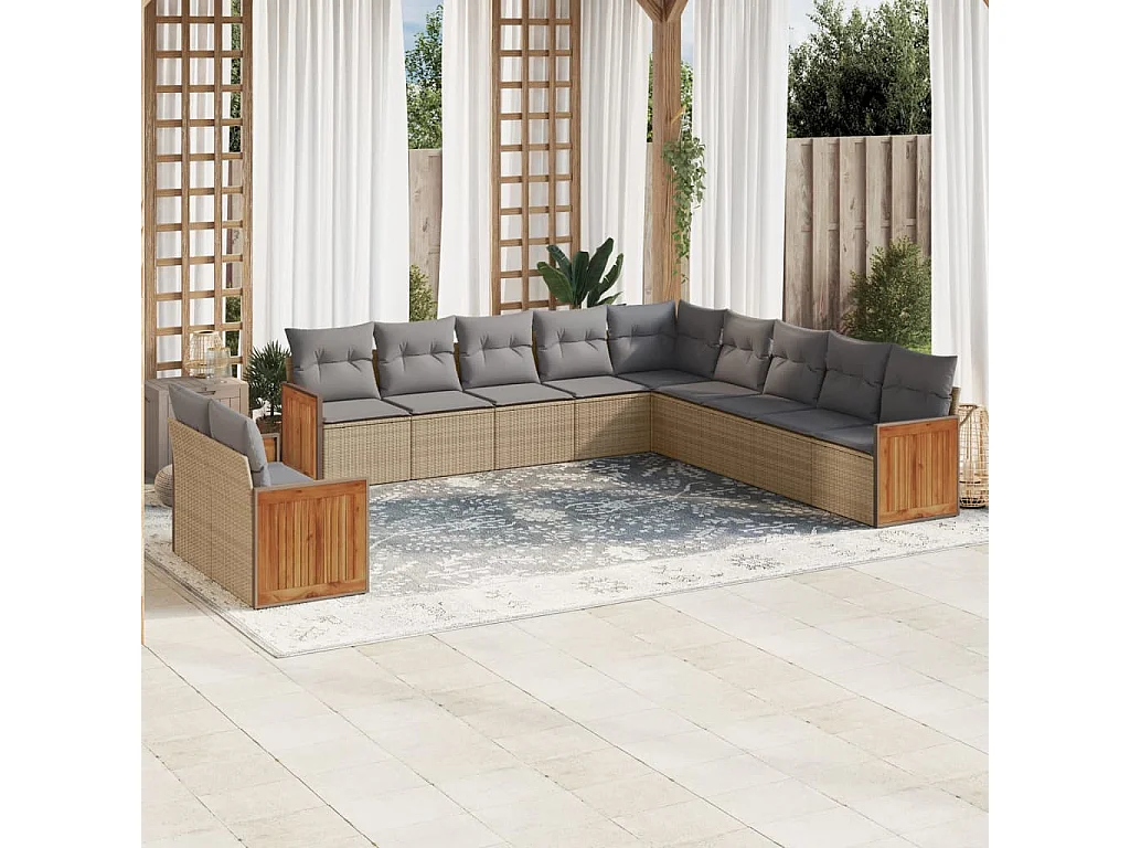 Set Divani da Giardino 11 pz con Cuscini Beige in Polyrattan