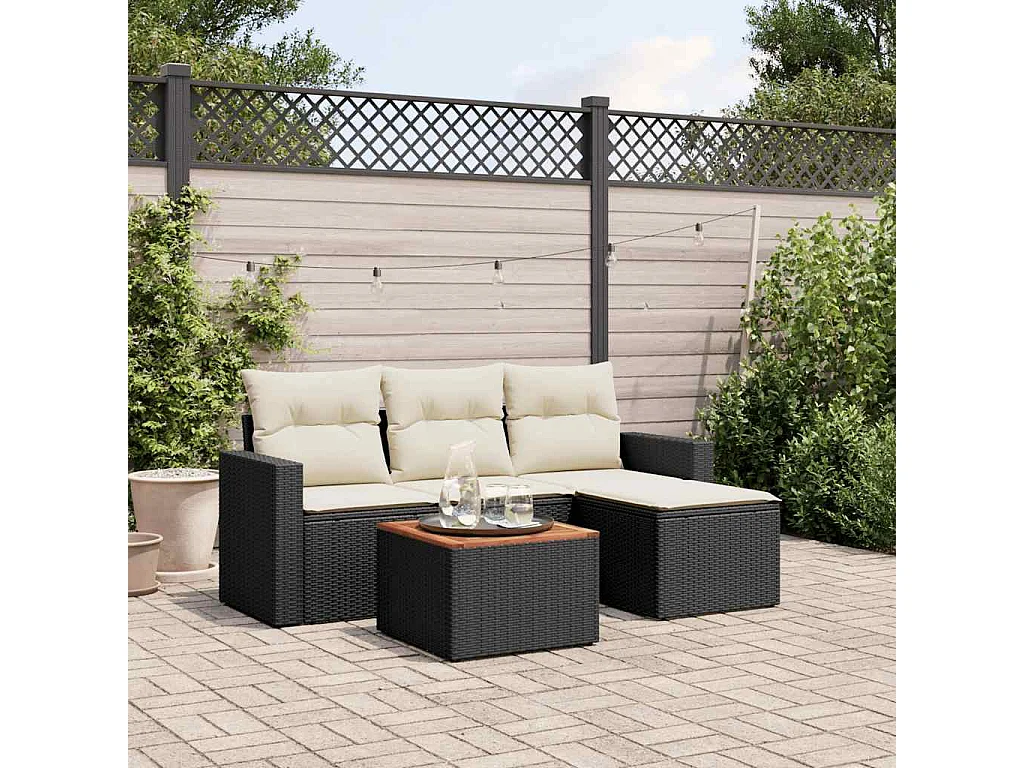 Salon de jardin 5 pcs avec coussins noir résine tressée