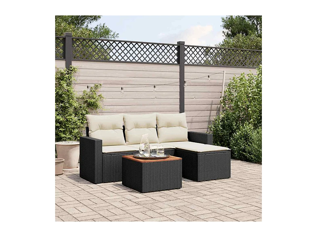 Salon de jardin 5 pcs avec coussins noir résine tressée