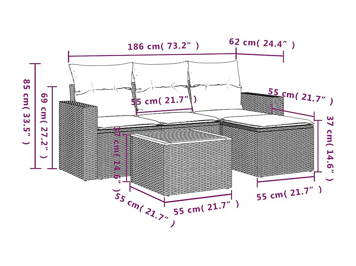 Salon de jardin 5 pcs avec coussins noir résine tressée