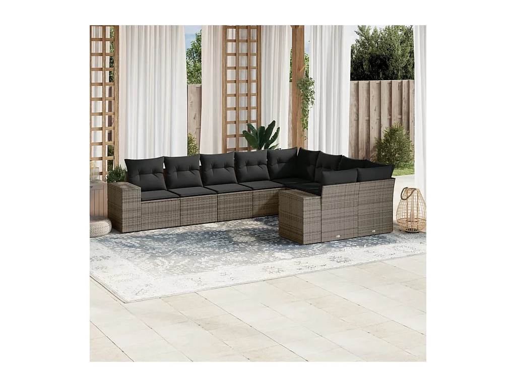 Salon de jardin 9 pcs avec coussins gris résine tressée