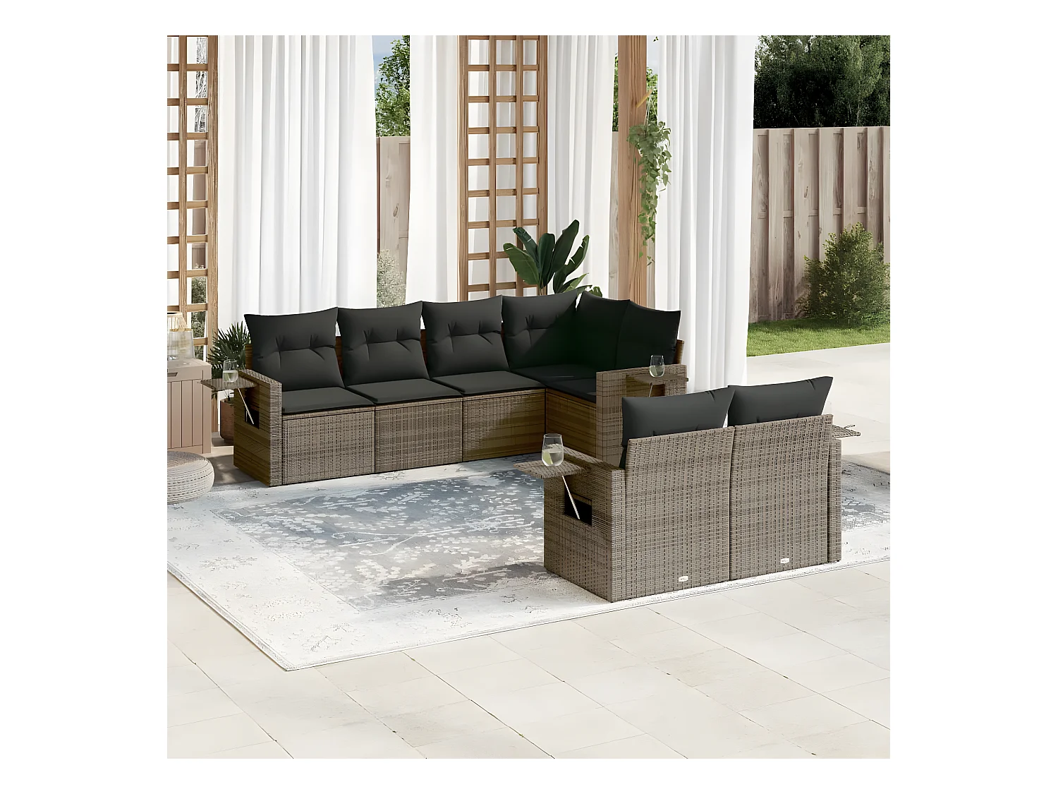 Set Divani da Giardino 7 pz con Cuscini Grigio in Polyrattan