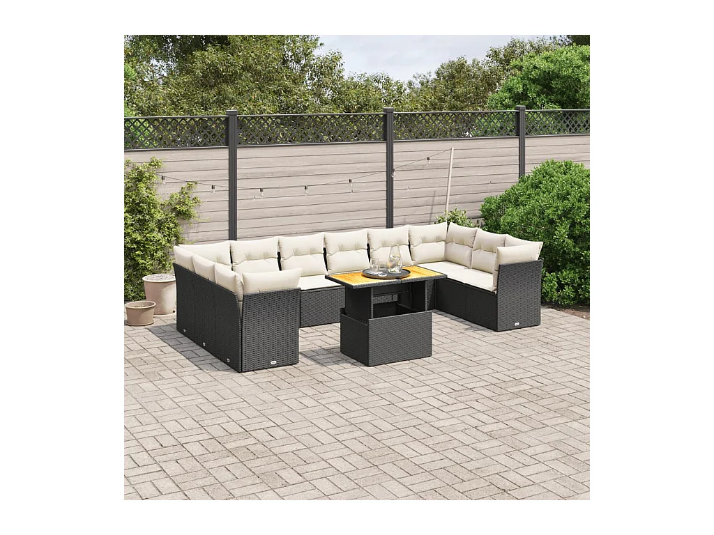 Salon de jardin 11 pcs avec coussins noir résine tressée