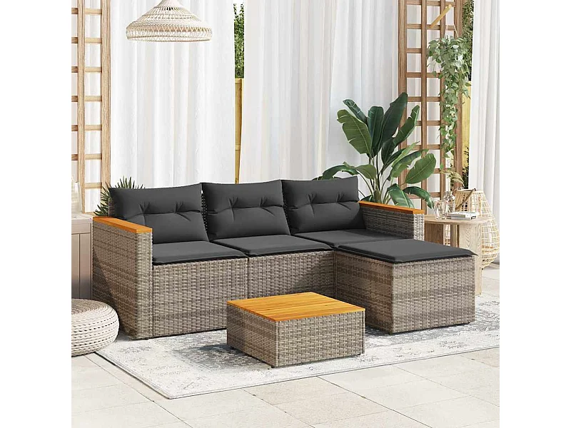 Set de sofá de jardín 3 pzas y cojines ratán sintético gris