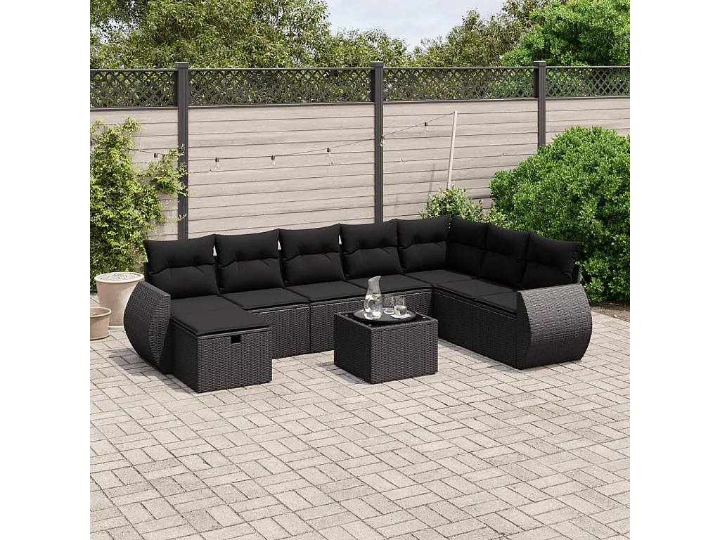Salon de jardin 9 pcs avec coussins noir résine tressée
