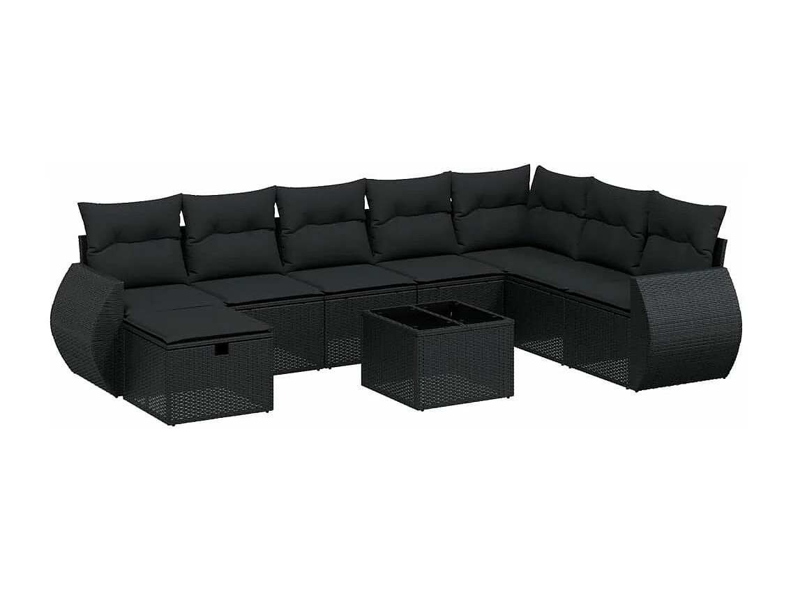Salon de jardin 9 pcs avec coussins noir résine tressée