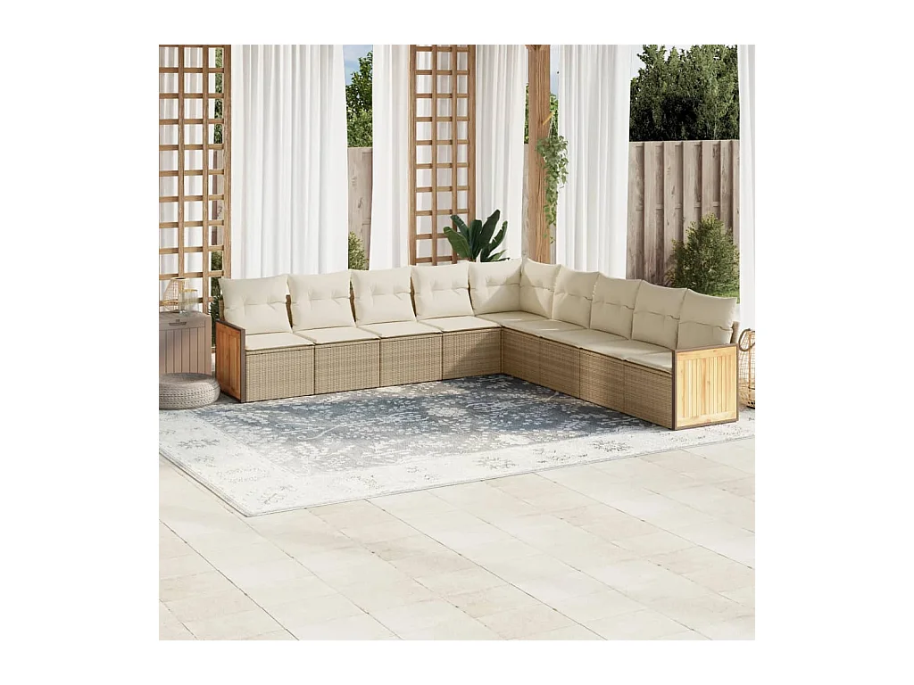 Salon de jardin avec coussins 9 pcs beige résine tressée