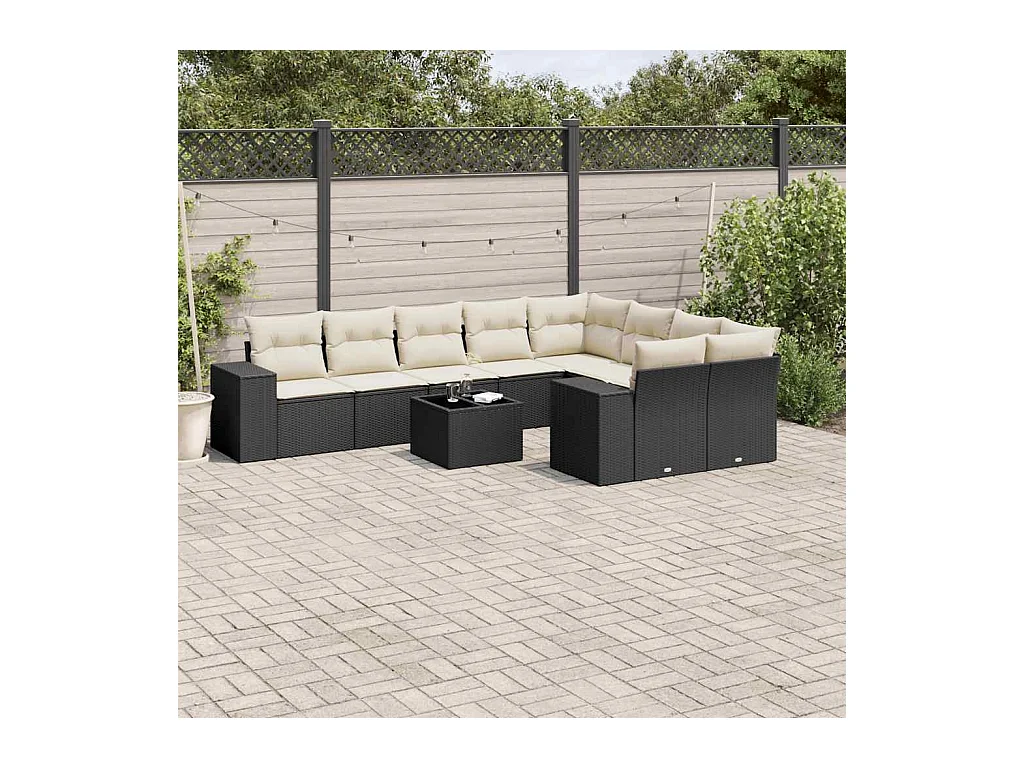 Salon de jardin 10 pcs avec coussins noir résine tressée