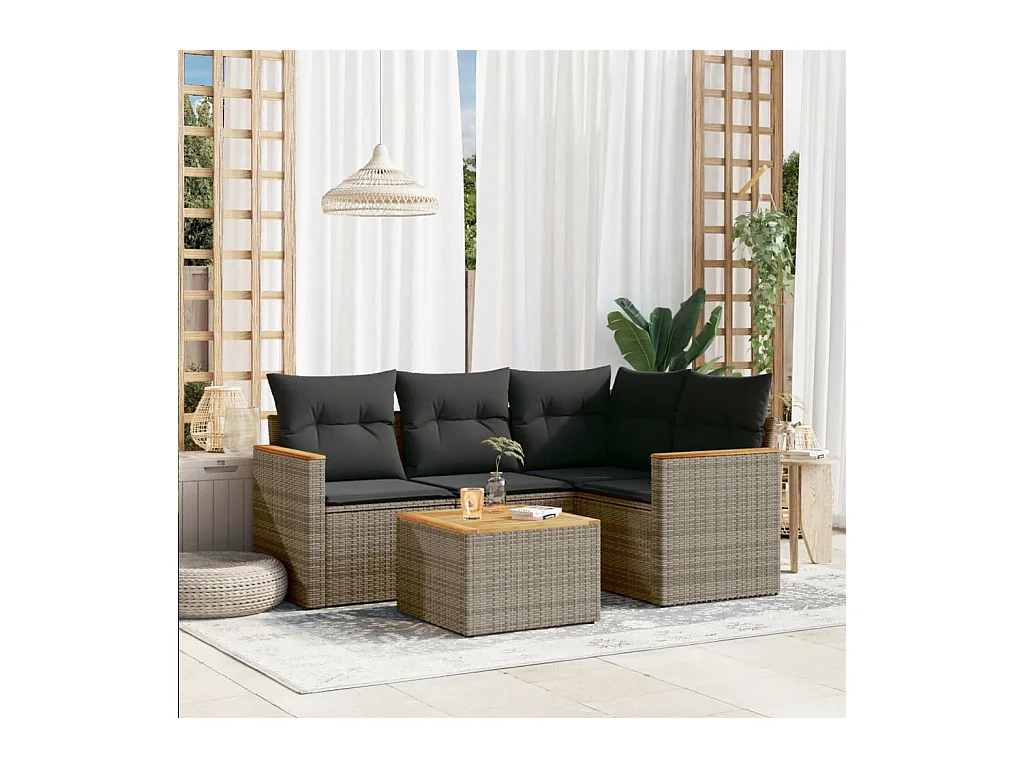 Salon de jardin 5 pcs avec coussins gris résine tressée