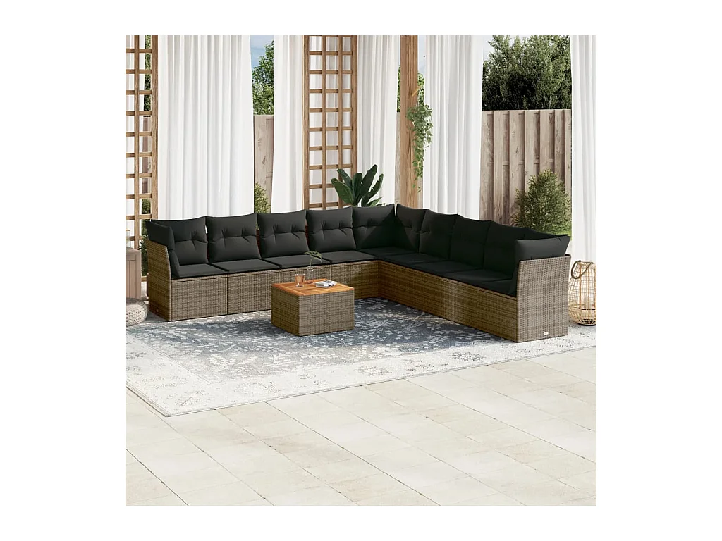 Salon de jardin avec coussins 10 pcs gris résine tressée