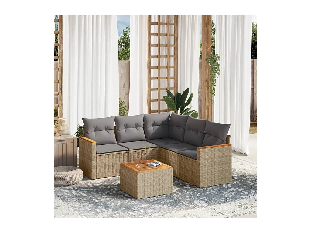 6-tlg. Garten-Sofagarnitur mit Kissen Beige Poly Rattan