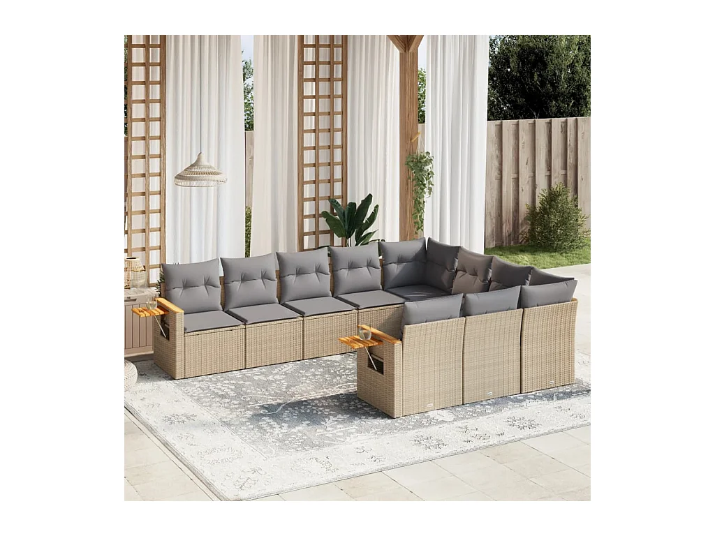 Salon de jardin avec coussins 10 pcs beige résine tressée