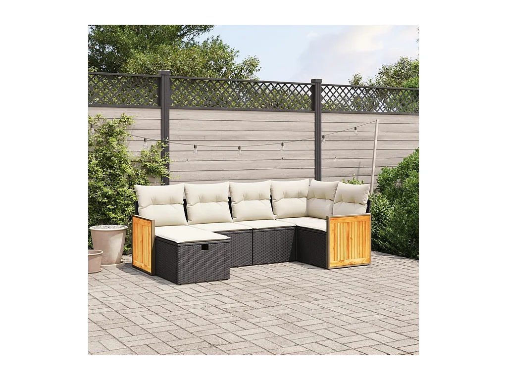 Set de sofás de jardín 6 piezas y cojines ratán sintético negro