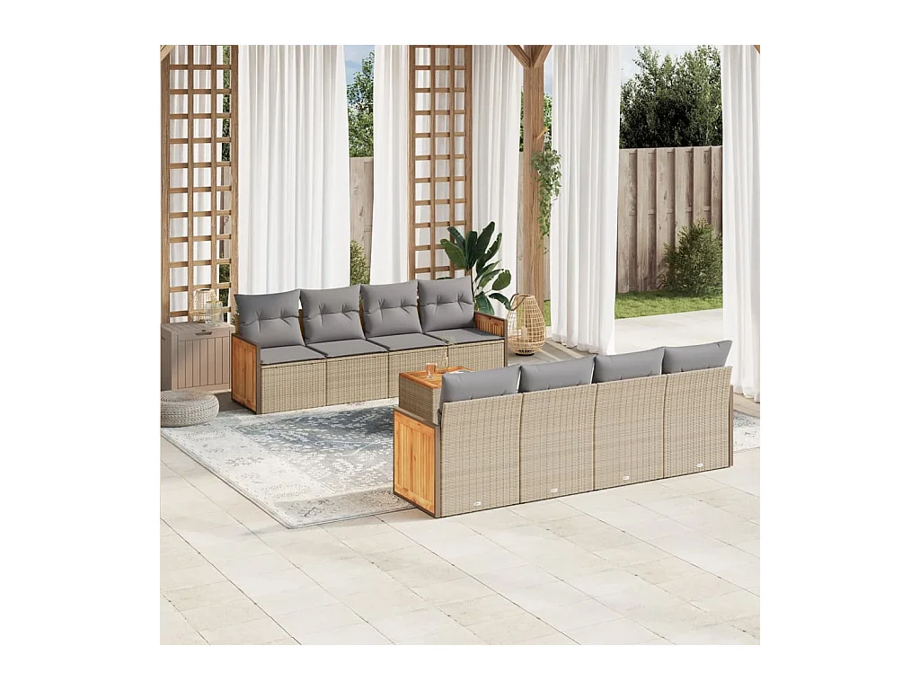 Salon de jardin avec coussins 9 pcs beige résine tressée