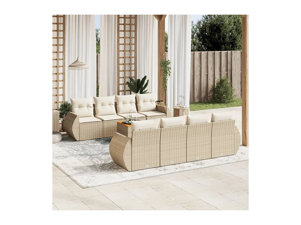 Set Divano da Giardino 9 pz con Cuscini Beige in Polyrattan